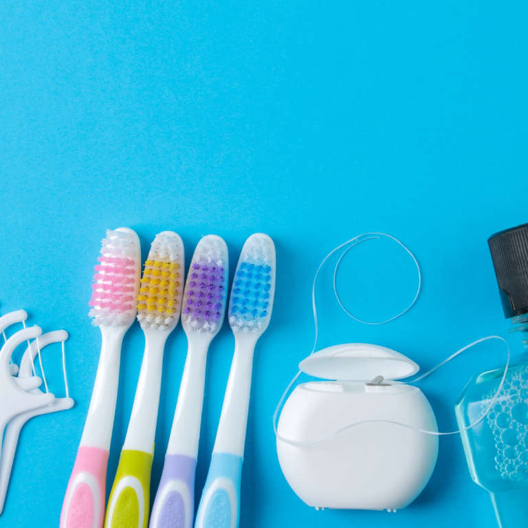 Multiple toothbrushes pictured along side two types of dental floss: String floss and Floss Picks.