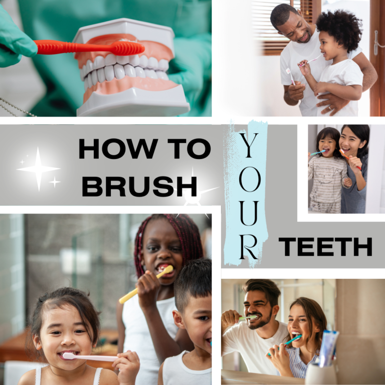 Image: Diverse group of people representing various ages and backgrounds demonstrating the proper way to brush teeth, accompanied by text that reads 'How to brush your teeth.